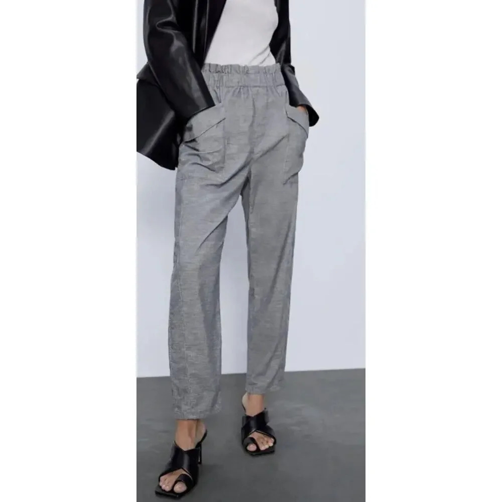 Zara Pants Womens Size Medium Gray Corduroy Paperbag Baggy Elastic Waist Tapered